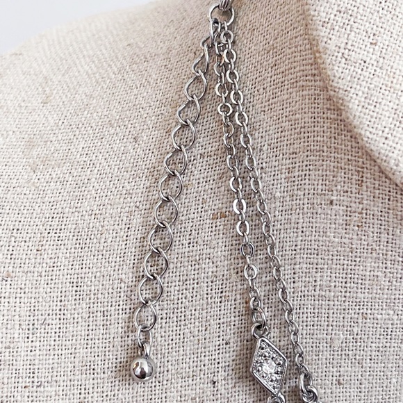 Art Deco Style NY Tag Silver Tone Diamond Shape CZ Double Chain Necklace 15.5” - Picture 8 of 10